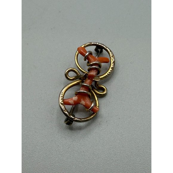 Victorian Antique Coral Pin Brooch Gold Filled Wire Wrapped Design Genuine Coral - Picture 2 of 7